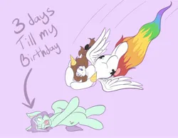 Size: 2048x1595 | Tagged: safe, artist:mscolorsplash, derpibooru import, oc, oc:color splash, oc:mod chi, unofficial characters only, pegasus, pony, unicorn, do not want, duo, elbow drop, female, hat, image, jpeg, lavender background, lying down, mare, on back, open mouth, party hat, purple background, rainbow tail, screaming, simple background, tail