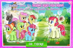 Size: 1962x1301 | Tagged: safe, derpibooru import, official, auntie applesauce, burnt oak, cup cake, goldie delicious, happy trails, mayor mare, sew 'n sow, earth pony, pony, advertisement, apple family member, bandana, bow, chiffon swirl, collection, english, facial hair, female, gameloft, group, hair bow, hair tie, hat, image, jpeg, male, mare, mobile game, my little pony: magic princess, neckerchief, stallion, text, young burnt oak, younger