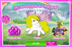 Size: 1957x1300 | Tagged: safe, derpibooru import, official, surprise, pegasus, pony, g1, advertisement, book, bush, costs real money, crystal coins, english, female, g4, gameloft, image, jpeg, mare, mobile game, my little pony: magic princess, numbers, sale, solo, solo focus, spread wings, statue, text, wings