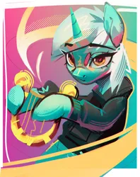 Size: 2298x2900 | Tagged: safe, artist:annna markarova, derpibooru import, lyra heartstrings, pony, unicorn, fanfic:background pony, clothes, dig the swell hoodie, female, high res, image, jpeg, looking at you, lyre, mare, musical instrument, solo