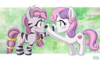 Size: 1114x677 | Tagged: safe, artist:uotapo, derpibooru import, sweetie belle, pony, unicorn, zebra, g5, blushing, boop, cute, diasweetes, duo, female, filly, foal, image, jpeg, open mouth, raised hoof, skye, uotapo is trying to murder us