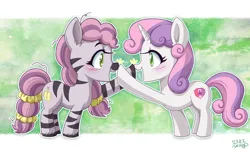 Size: 1114x677 | Tagged: safe, artist:uotapo, derpibooru import, sweetie belle, pony, unicorn, zebra, g5, blushing, boop, cute, diasweetes, duo, female, filly, foal, image, jpeg, open mouth, raised hoof, skye, uotapo is trying to murder us