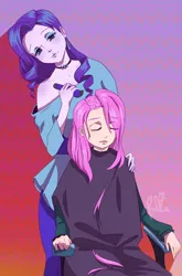 Size: 4208x6384 | Tagged: safe, artist:inkyrose29, derpibooru import, fluttershy, rarity, human, equestria girls, absurd resolution, buzzcut, duo, duo female, female, hair clipper, haircut, image, jpeg, requested art