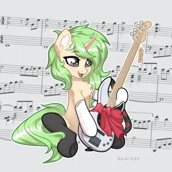 Size: 3200x3200 | Tagged: safe, artist:inowiseei, derpibooru import, oc, unofficial characters only, pony, unicorn, bass guitar, chest fluff, clothes, commission, cute, ear fluff, eyebrows, eyebrows visible through hair, female, guitar, high res, horn, image, mare, music notes, musical instrument, ocbetes, open mouth, open smile, png, signature, sitting, smiling, socks, solo, unicorn oc