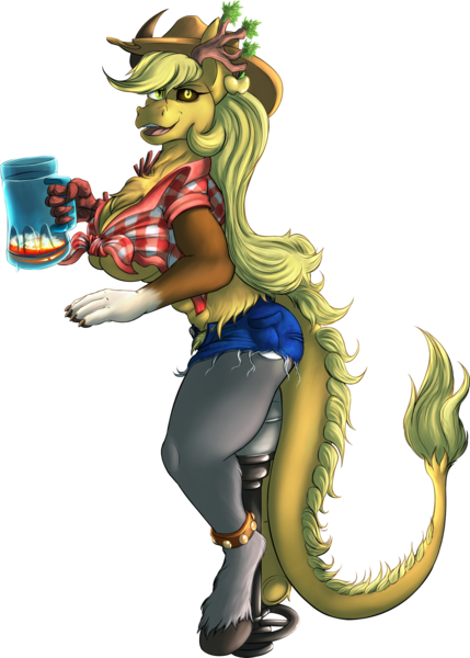 Size: 2436x3405 | Tagged: suggestive, artist:jamescorck, derpibooru import, applejack, anthro, draconequus, unguligrade anthro, beer mug, clothes, daisy dukes, draconequified, female, front knot midriff, hat, image, midriff, png, shorts, simple background, solo, solo female, species swap, transparent background