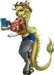 Size: 2436x3405 | Tagged: suggestive, artist:jamescorck, derpibooru import, applejack, anthro, draconequus, unguligrade anthro, beer mug, clothes, daisy dukes, draconequified, female, front knot midriff, hat, image, midriff, png, shorts, simple background, solo, solo female, species swap, transparent background