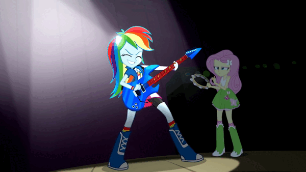 Size: 600x338 | Tagged: safe, derpibooru import, screencap, applejack, fluttershy, pinkie pie, rainbow dash, rarity, sunset shimmer, twilight sparkle, human, equestria girls, rainbow rocks, angry, animated, awesome as i want to be, bass guitar, drums, drumsticks, electric guitar, female, gif, guitar, humane five, image, keytar, microphone, musical instrument, ponied up, scared, shocked, speaker, spotlight, stage, tackle, tambourine