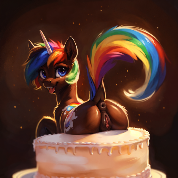 Size: 1280x1280 | Tagged: explicit, ai content, prompter:unsauceballs, oc, pony, unicorn, ass up, birthday cake, brown fur, butt, cake, colorful, food, looking at you, multicolored hair, plot, present, presenting, presenting pussy, rainbow hair, raised tail, ribbon, shy, smiling, solo, tail, the quality of ai art is frightening, vaginal secretions, vulva, white fur