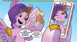 Size: 699x378 | Tagged: safe, derpibooru import, idw, pipp petals, pegasus, pony, g5, spoiler:comic, spoiler:g5comic, spoiler:g5comic10, cropped, crown, female, hashtag, image, jewelry, jpeg, mare, one eye closed, phone, pipp pipp hooray, regalia, solo, spread wings, the end, wings, wink
