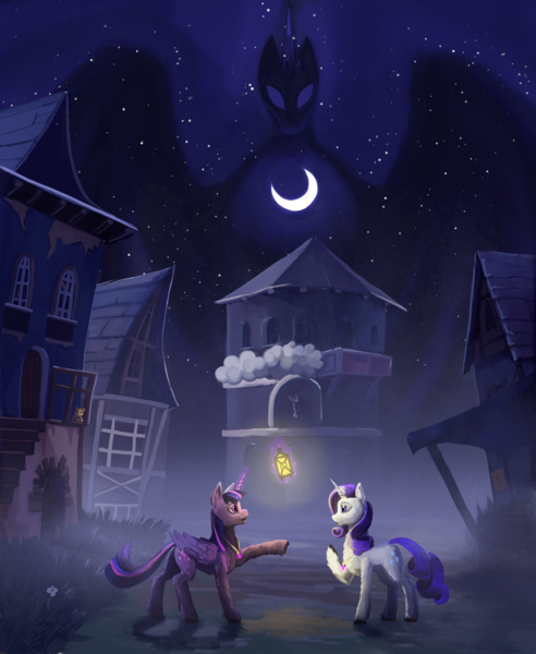 Size: 1739x2119 | Tagged: safe, artist:dalagar, derpibooru import, princess luna, rarity, twilight sparkle, twilight sparkle (alicorn), alicorn, pony, unicorn, fanfic:the enchanted kingdom, commissioner:shaddar, fanfic art, female, hollow shades, image, jewelry, necklace, png