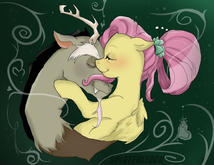 Size: 720x556 | Tagged: safe, artist:splattbleach, derpibooru import, discord, fluttershy, antlers, discoshy, female, flower, flower in hair, green background, image, jpeg, male, older, older fluttershy, shipping, simple background, straight