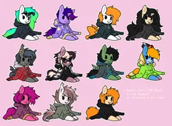 Size: 3000x2191 | Tagged: safe, artist:neoncel, derpibooru import, oc, oc:gumdrop, oc:notde, oc:pryeblue, chibi, clothes, collage, commission, hoodie, image, jpeg, multiple characters, ych result, your character here