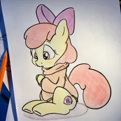 Size: 2048x2048 | Tagged: safe, artist:chps06, derpibooru import, apple bloom, earth pony, pony, blushing, clothes, cold, colored, female, filly, foal, hoodie, image, jpeg, photo, sitting, solo, traditional art