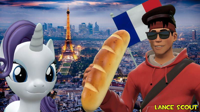 Size: 1920x1080 | Tagged: safe, artist:lance-pizon, derpibooru import, rarity, human, unicorn, 3d, baguette, bread, crossover, female, flag, food, france, french, gmod, image, looking at you, male, paris, png, scout, team fortress 2, watermark