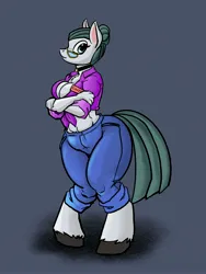Size: 3024x4032 | Tagged: suggestive, artist:tincrash, derpibooru import, cloudy quartz, anthro, earth pony, unguligrade anthro, arm under breasts, big eyes, breasts, busty cloudy quartz, butt, button-up shirt, choker, cleavage, clothes, crossed arms, denim, dressup, female, fetlock tuft, front knot midriff, glasses, hair bun, hips, hooves, image, jeans, jpeg, large butt, midriff, milf, mother, name tag, pants, rolled up sleeves, shirt, short shirt, snout, solo, tail, thighs, thunder thighs, waist, waitress, wide hips