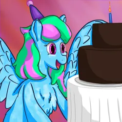 Size: 2160x2160 | Tagged: safe, artist:callichrome, derpibooru import, oc, unofficial characters only, pegasus, pony, birthday, birthday cake, cake, excited, female, food, hat, image, open mouth, party hat, pegasus oc, png, simple background, smiling, spread wings, wings
