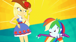 Size: 800x450 | Tagged: safe, derpibooru import, screencap, applejack, rainbow dash, human, eqg summertime shorts, equestria girls, raise this roof, animated, bare shoulders, clothes, cowboy hat, devil horn (gesture), dress, duo, duo female, evening gloves, fall formal outfits, female, fingerless elbow gloves, fingerless gloves, frown, gif, gloves, hat, image, long gloves, sleeveless, strapless