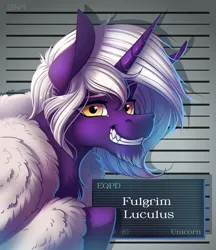 Size: 1584x1836 | Tagged: safe, artist:limreiart, derpibooru import, oc, oc:fulgrim luculus, unofficial characters only, unicorn, barbie mugshot meme, chest fluff, gritted teeth, image, male, meme, mugshot, png, smiling, solo, teeth