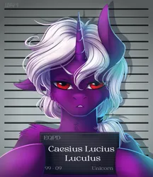 Size: 1584x1836 | Tagged: safe, artist:limreiart, derpibooru import, oc, oc:caesius lucius luculus, unofficial characters only, unicorn, barbie mugshot meme, chest fluff, floppy ears, frown, image, male, meme, mugshot, png, solo