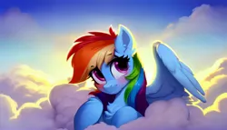 Size: 2688x1536 | Tagged: safe, derpibooru import, machine learning generated, stable diffusion, rainbow dash, pegasus, pony, ai content, blushing, cloud, cute, dashabetes, female, generator:pony diffusion v5, image, jpeg, mare, one wing out, prompter:siber, scenery, sky, solo, wings