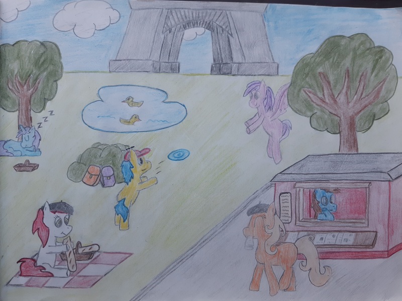 Size: 4498x3374 | Tagged: safe, artist:auro, derpibooru import, oc, unofficial characters only, bird, duck, earth pony, pegasus, pony, unicorn, bag, baguette, basket, beret, bread, bush, cloud, eating, eiffel tower, female, filly, flying, foal, food, france, frisbee, hat, image, jpeg, lying, newbie artist training grounds, newspaper, onomatopoeia, paris, park, pond, shop, sitting, sleeping, sound effects, standing, standing on one leg, throwing, traditional art, tree, walking, water, zzz