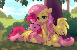 Size: 2195x1447 | Tagged: safe, artist:ls_skylight, derpibooru import, fluttershy, pinkie pie, earth pony, pegasus, pony, chromatic aberration, female, floppy ears, friendship, hug, image, lidded eyes, looking at someone, lying down, mare, one wing out, outdoors, png, prone, sitting, sleeping, wing blanket, winghug, wings