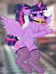 Size: 2600x3400 | Tagged: suggestive, artist:mclovin, derpibooru import, twilight sparkle, twilight sparkle (alicorn), alicorn, pony, alternate hairstyle, belly button, burger, cheeseburger, chest fluff, clothes, diner, eating, female, food, hamburger, image, magic, mare, pantyhose, png, ponytail, sauce, socks, spread wings, tail, tail bun, teeth, telekinesis, thigh highs, twilight burgkle, underhoof, wings