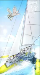 Size: 3508x6480 | Tagged: safe, artist:sinrinf, derpibooru import, oc, alicorn, earth pony, pegasus, pony, unicorn, commission, flying, image, ocean, png, sails, sketch, water, your character here