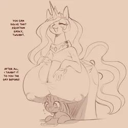 Size: 1200x1200 | Tagged: suggestive, artist:cold-blooded-twilight, derpibooru import, princess celestia, twilight sparkle, alicorn, anthro, pony, unicorn, big breasts, blushing, boobhat, breasts, busty princess celestia, cleavage, dialogue, duo, duo female, emanata, erect nipples, eyes closed, female, filly, filly twilight sparkle, huge breasts, hyper, hyper breasts, image, impossibly large breasts, mare, monochrome, nipple outline, open mouth, open smile, png, raised tail, sepia, simple background, sketch, smiling, sweat, sweatdrops, tail, tan background, unicorn twilight, younger