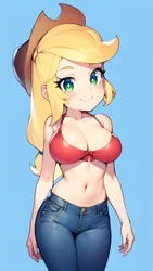 Size: 1152x2048 | Tagged: suggestive, artist:ah96, derpibooru import, machine learning assisted, applejack, equestria girls, ai content, belly button, bra, breasts, busty applejack, clothes, denim, female, image, jeans, pants, png, red underwear, sexy, simple background, solo, underwater, underwear, water