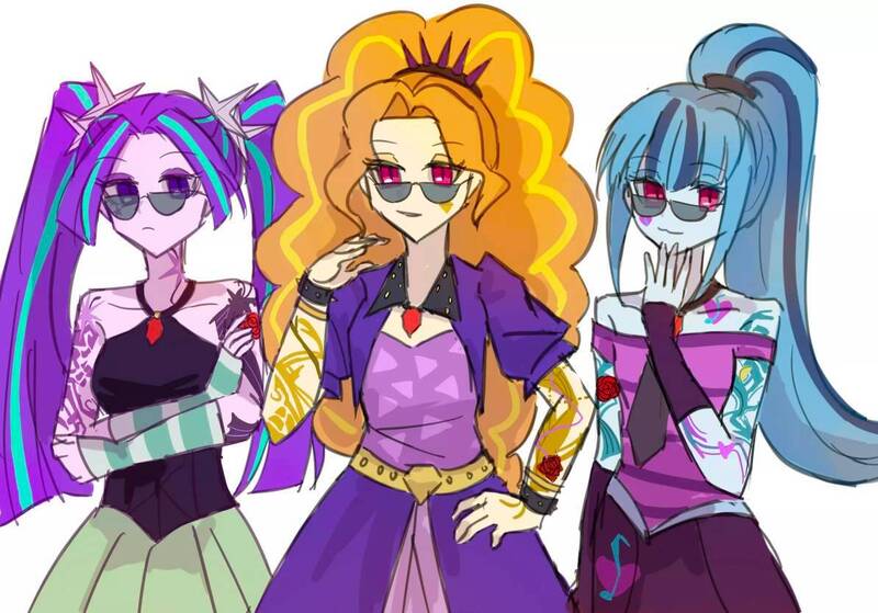 Size: 1194x834 | Tagged: safe, artist:yarderrr0, derpibooru import, adagio dazzle, aria blaze, sonata dusk, equestria girls, belt, clothes, crossed arms, dress, evening gloves, female, fingerless elbow gloves, fingerless gloves, gem, gloves, image, jpeg, long gloves, necktie, shirt, simple background, siren gem, skirt, sunglasses, tattoo, the dazzlings, trio, white background, wristband