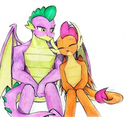 Size: 1280x1210 | Tagged: safe, artist:liaaqila, derpibooru import, smolder, spike, dragon, commission, dragoness, eyes closed, female, gigachad spike, image, jpeg, looking at someone, male, older, older smolder, older spike, shipping, simple background, spolder, straight, white background, winged spike, wings