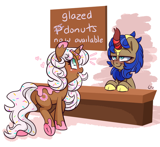 Size: 2152x1984 | Tagged: suggestive, artist:lou, derpibooru import, oc, oc:cobalt flame, oc:donut daydream, unofficial characters only, kirin, unicorn, horn, image, kirin oc, png, simple background, text, unicorn oc