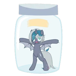 Size: 1550x1550 | Tagged: safe, artist:jerlai, derpibooru import, oc, oc:elizabat stormfeather, unofficial characters only, alicorn, bat pony, bat pony alicorn, pony, alicorn oc, bat pony oc, bat wings, bipedal, commission, cum jar, fangs, female, horn, image, jar, mare, oh no, open mouth, png, scared, shocked, shocked expression, simple background, solo, the implications are horrible, transparent background, trapped, wings, ych result