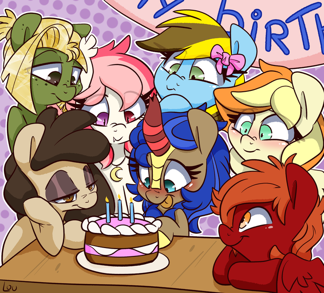 Size: 2504x2264 | Tagged: safe, artist:lou, derpibooru import, oc, oc:acorus, oc:blood moon, oc:cobalt flame, oc:crimson sky, oc:louvely, oc:lucky bolt, oc:sodapop sprays, unofficial characters only, birthday, bow, cake, candle, food, happy, happy birthday, image, png, simple background, text