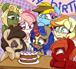 Size: 2504x2264 | Tagged: safe, artist:lou, derpibooru import, oc, oc:acorus, oc:blood moon, oc:cobalt flame, oc:crimson sky, oc:louvely, oc:lucky bolt, oc:sodapop sprays, unofficial characters only, birthday, bow, cake, candle, food, happy, happy birthday, image, png, simple background, text