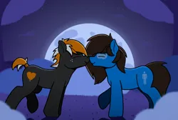 Size: 3508x2356 | Tagged: safe, artist:sefastpone, derpibooru import, oc, oc:appleblue, oc:se, unofficial characters only, earth pony, pony, digital art, freckles, gay, image, male, moon, night, nuzzling, park, png, stallion