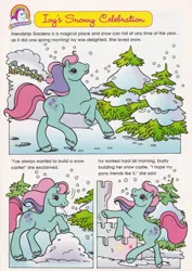 Size: 565x800 | Tagged: safe, derpibooru import, official, ivy, earth pony, pony, g2, comic, female, friendship gardens (location), image, ivy's snowy celebration, jpeg, mare, outdoors, snow, snowfall, solo, text, tree, unshorn fetlocks