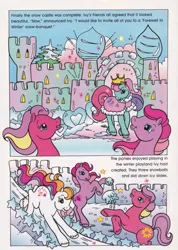 Size: 569x800 | Tagged: safe, derpibooru import, official, ivy, light heart, sundance (g2), sunsparkle, sweet berry, earth pony, pony, g2, castle, comic, crown, female, image, ivy's snowy celebration, jewelry, jpeg, mare, open mouth, open smile, outdoors, regalia, slide, sliding, smiling, snow, snowball, snowfall, text, tree, unshorn fetlocks