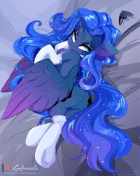Size: 2470x3088 | Tagged: safe, artist:lincolnbrewsterfan, artist:xsatanielx, derpibooru import, edit, vector edit, princess luna, alicorn, pony, .svg available, absurd resolution, bed, bedroom eyes, blue mane, blue tail, butt, catchlights, chest fluff, clothes, collar, colored, colored pupils, colored wings, complex background, crown, cyan eyes, derpibooru exclusive, dock, eyeshadow, featureless crotch, female, floppy ears, frog (hoof), glow, glowing eyes, glowing mane, glowing tail, gradient mane, gradient tail, gradient wings, highlight, highlights, hoofbutt, horn, image, inkscape, jewelry, lidded eyes, long mane, long tail, looking at you, looking back, looking back at you, lying, lying down, makeup, mane, mare, missing accessory, moonbutt, multicolored eyes, multicolored mane, multicolored tail, on bed, patreon, patreon logo, plot, png, presenting, raised hoof, raised tail, rcf community, rear view, redraw, regalia, remake, sfw edit, shading, shadow, shadows, side, socks, solo, sparkly mane, sparkly tail, spread wings, sultry, sultry pose, tail, underhoof, vector, wings, wings down