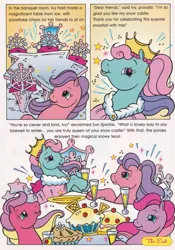 Size: 561x800 | Tagged: safe, derpibooru import, official, ivy, sundance (g2), sunsparkle, sweet berry, earth pony, pony, g2, chair, champagne flute, cherry, comic, crown, female, food, ice, image, ivy's snowy celebration, jewelry, jpeg, mare, morning glory (g2), open mouth, open smile, pie, plate, regalia, smiling, snow, sparkles, table, text, the end