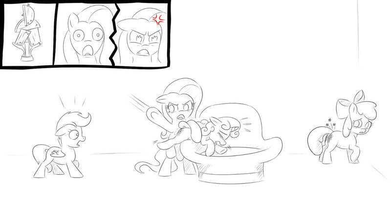 Size: 1238x645 | Tagged: safe, derpibooru import, apple bloom, fluttershy, scootaloo, sweetie belle, earth pony, pegasus, pony, unicorn, stare master, angry, broken, couch, crying, cutie mark crusaders, discipline, female, filly, foal, image, imminent spanking, jpeg, mare, monochrome, punishment, quadrupedal, shocked, spanked, spanking, time out