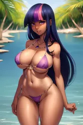 Size: 1024x1536 | Tagged: suggestive, derpibooru import, editor:sammykun, machine learning generated, twilight sparkle, human, ai content, belly button, big breasts, bikini, breasts, clothes, dark skin, humanized, image, jewelry, long hair, looking at you, mangrove tree, midriff, necklace, png, prompter:sammykun, sexy, smiling, solo, stupid sexy twilight, swimsuit, tan skin, thighs, thunder thighs, tropical, water, wide hips