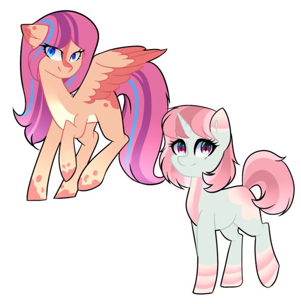 Size: 1425x1437 | Tagged: safe, artist:oniiponii, artist:sinjour, derpibooru import, oc, unofficial characters only, pegasus, pony, unicorn, collaboration, colored wings, eyelashes, female, horn, image, mare, pegasus oc, png, raised hoof, simple background, smiling, transparent background, two toned wings, unicorn oc, wings