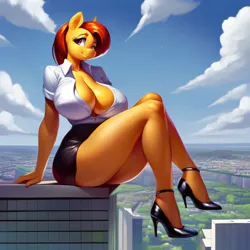 Size: 3072x3072 | Tagged: suggestive, derpibooru import, machine learning generated, stable diffusion, stellar flare, anthro, plantigrade anthro, absolute cleavage, ai content, big breasts, braless, breasts, building, busty stellar flare, city, cleavage, clothes, female, generator:purplesmart.ai, giantess, high heels, huge breasts, image, jpeg, macro, office lady, prompter:argusx, shoes, sitting, smiling, solo, solo female