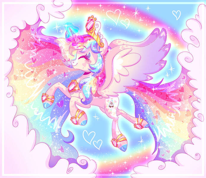 Size: 962x831 | Tagged: safe, artist:shebasoda, derpibooru import, oc, oc:queencess rainbowheart glittercake, unofficial characters only, alicorn, pony, alicorn oc, blush sticker, blushing, bracelet, cloud, colored eyelashes, colored hooves, colored wings, crown, ethereal hair, ethereal mane, ethereal tail, eyes closed, female, flying, gradient legs, gradient mane, gradient tail, gradient wings, heart, horn, image, jewelry, joke oc, jpeg, magic, magic aura, mare, mary sue, multicolored hair, peytral, rainbow, rainbow hair, rainbow tail, regalia, sky, smiling, solo, sparkles, sparkly mane, sparkly tail, spread wings, tail, wings