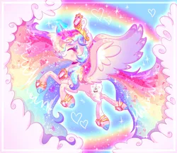 Size: 962x831 | Tagged: safe, artist:shebasoda, derpibooru import, oc, oc:queencess rainbowheart glittercake, unofficial characters only, alicorn, pony, alicorn oc, blush sticker, blushing, bracelet, cloud, colored eyelashes, colored hooves, colored wings, crown, ethereal hair, ethereal mane, ethereal tail, eyes closed, female, flying, gradient legs, gradient mane, gradient tail, gradient wings, heart, horn, image, jewelry, joke oc, jpeg, magic, magic aura, mare, mary sue, multicolored hair, peytral, rainbow, rainbow hair, rainbow tail, regalia, sky, smiling, solo, sparkles, sparkly mane, sparkly tail, spread wings, tail, wings