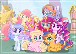 Size: 1023x731 | Tagged: safe, artist:shebasoda, derpibooru import, luster dawn, oc, oc:buttercream pie, oc:daydream spell, oc:dusk light, oc:honey bunny pie, oc:sapphire lace, oc:starglory magic, oc:sunlight spark, earth pony, pegasus, pony, unicorn, base used, blue eyes, brother and sister, closed mouth, coat markings, colored eyelashes, colored muzzle, colored pupils, colored wings, colored wingtips, dreamworks face, eyebrows, eyeshadow, facial markings, female, flying, folded wings, frown, glasses, golden eyes, gradient mane, grin, house, image, lidded eyes, looking at you, lying down, magical lesbian spawn, magical threesome spawn, makeup, male, mare, mountain, multicolored eyes, next generation, offspring, open mouth, parent:flash sentry, parent:fluttershy, parent:kerfuffle, parent:moondancer, parent:pinkie pie, parent:rarity, parent:starlight glimmer, parent:sunburst, parent:sunset shimmer, parent:trixie, parent:twilight sparkle, parents:flashimmer, parents:flutterpie, parents:rarifuffle, parents:stardancer, parents:startrix, parents:startrixdancer, parents:trixdancer, parents:twiburst, pink eyes, png, ponytail, ponyville, posing for photo, prone, purple eyes, raised eyebrow, round glasses, siblings, sisters, sky, smiling, snip (coat marking), spread wings, stallion, standing, star (coat marking), teal eyes, wings, yellow eyes
