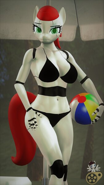 Size: 1080x1920 | Tagged: suggestive, artist:midnightdanny, ponerpics import, oc, unofficial characters only, anthro, pony, robot, robot pony, 3d, beach ball, bikini, breasts, clothes, female, image, jpeg, swimsuit