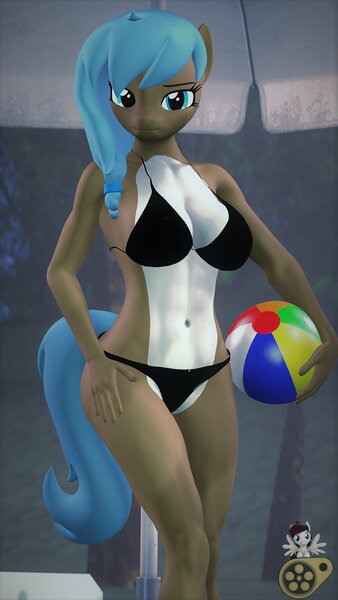 Size: 1080x1920 | Tagged: suggestive, artist:midnightdanny, ponerpics import, oc, unofficial characters only, anthro, 3d, beach ball, bikini, breasts, clothes, female, image, jpeg, swimsuit